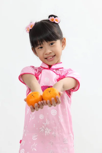 Chinese Girl Traditional Clothing Greeting — Stock Photo, Image