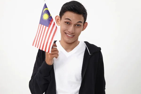 Joven Malayo Adolescente Sosteniendo Bandera Malaysia — Foto de Stock