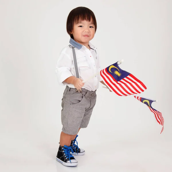 Kínai Fiú Gazdaság Malajzia Zászlók — Stock Fotó