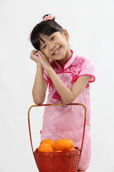 Cute Chinese Girl Basket Tangerine — Stock Photo, Image