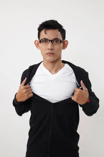 Man Tearing His Jacket Showing His Chest — Stock Photo, Image