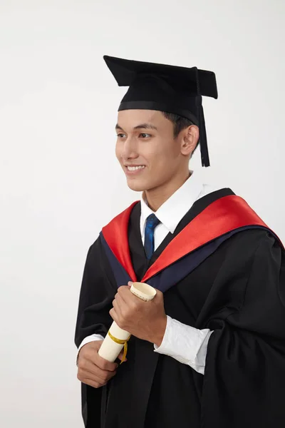 Joven Malayo Adolescente Graduado Estudiante Usar Cuerda Celebración Certificado — Foto de Stock