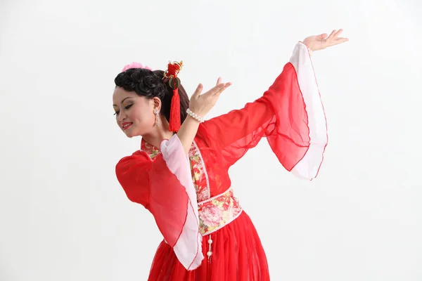 Mujer China Traje Rojo Posando Estudio —  Fotos de Stock