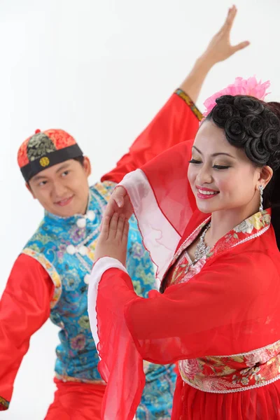 Chinese Couple Traditional Costumes Posing Studio — Stock Photo, Image