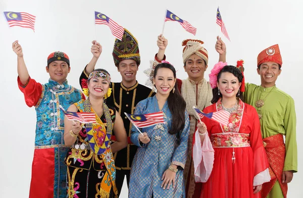 Malaysians Traditional Costume Showing Malaysia Flag — Stock Photo, Image