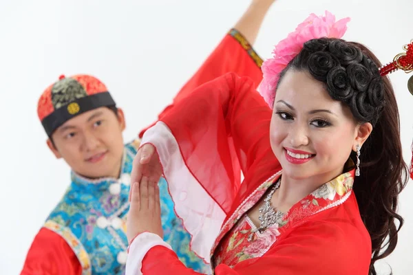 Chinese Couple Traditional Costumes Posing Studio — Stock Photo, Image