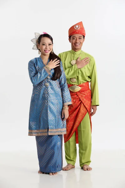 Malay Couple Traditional Costumes Posing Studio — Stock Photo, Image