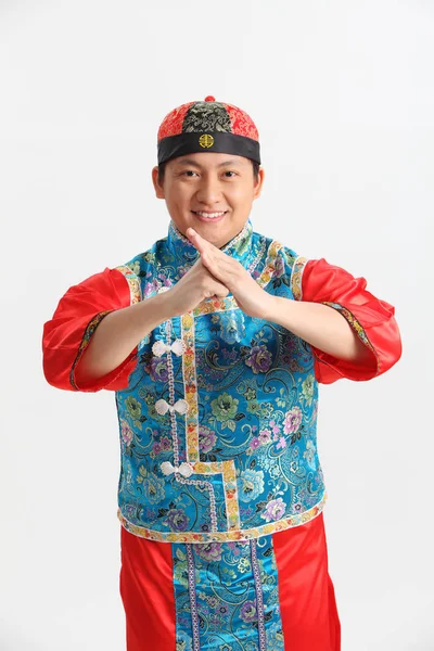 Chinese Man Traditioneel Kostuum Poseren Studio — Stockfoto