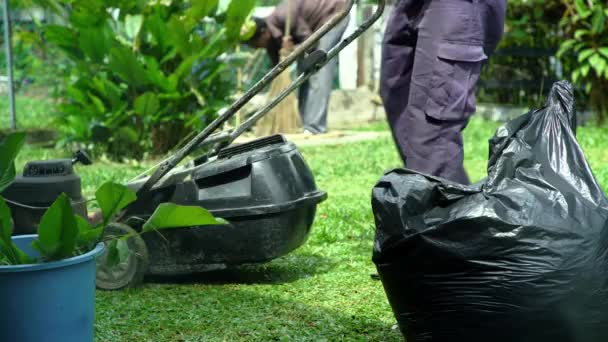 Trabajador Con Césped Mover — Vídeo de stock