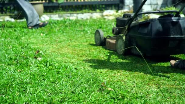 Trabajador Con Césped Mover — Vídeos de Stock