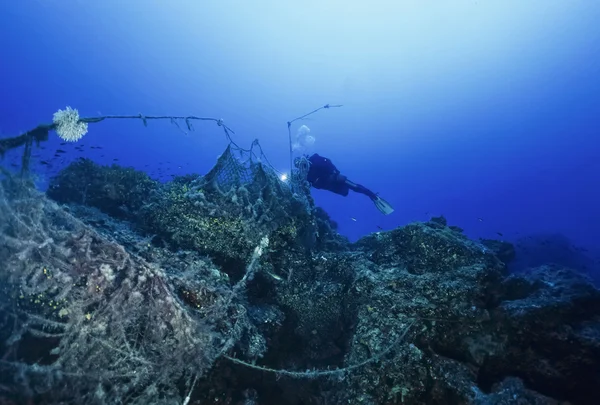 SPAIN, Mediterranean Sea, Ibiza Island, U.W. photo; 13 June 2006, scuba diver and sunk fishing nets (FILM SCAN) - EDITORIAL — Stock Photo, Image