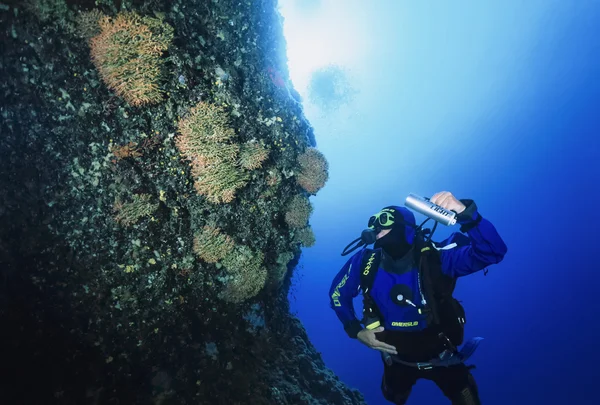 Іспанія, Середземне море, острові Ібіца, Фото т.; 13 червня 2006 року scuba diver (фільм сканування) - редакції — стокове фото