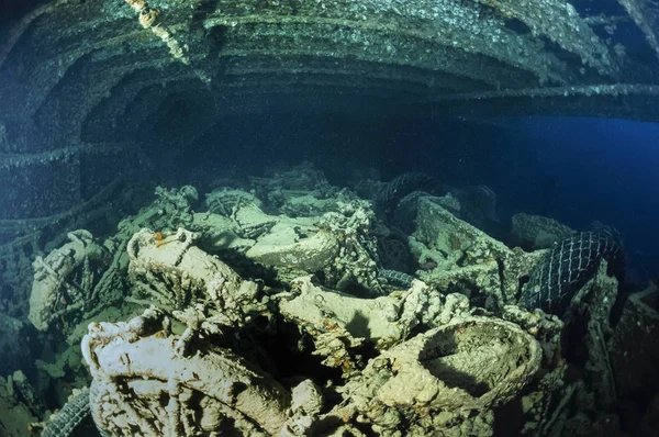 EGYPT, Sharm El Sheikh, Red Sea, U.W. photo, wreck, old motorcycles in the hold of a sunken ship - FILM SCAN — Stock Photo, Image