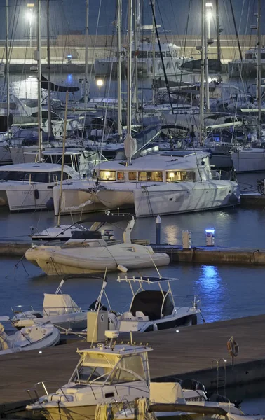 Italy, Sicily, Mediterranean sea, Marina di Ragusa; 7 November 2016, boats and luxury yachts in the port at night - EDITORIAL — Stock Photo, Image