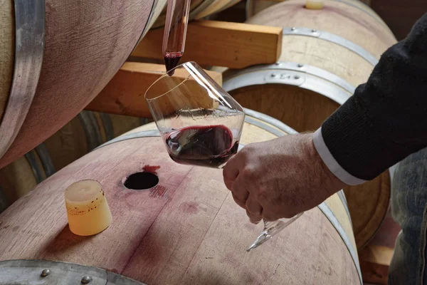 Italy, Sicily, red wine pouring from a wooden barrel into a glass in a wine cellar