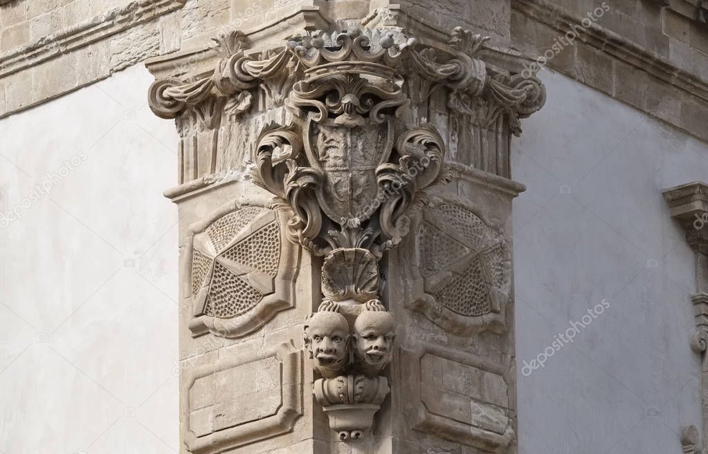 Italy, Sicily, Scicli (Ragusa province), the Baroque Beneventano Palace facade with ornamental statues (18th Century a.C.)