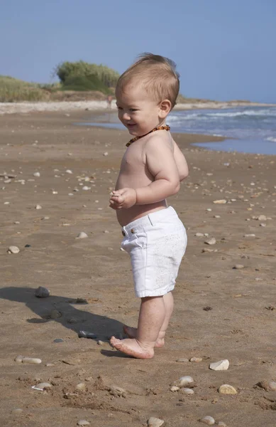 İtalya, Sicilya, Akdeniz; Kumsalda oynarken bir yıl yaşlı erkek çocuk 
