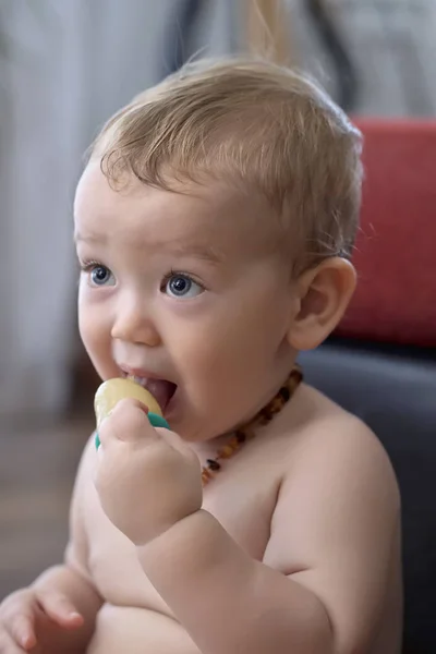 실내는 아이스크림을 핥 아 1 세 남자 아이의 초상화 — 스톡 사진