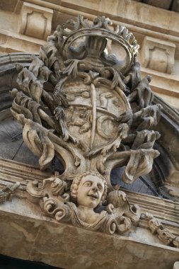 İtalya, Sicilya, Scicli (Ragusa eyaletinde), Unesco Barok Fava Palace cephe (18. yüzyıl a.C süsler.)