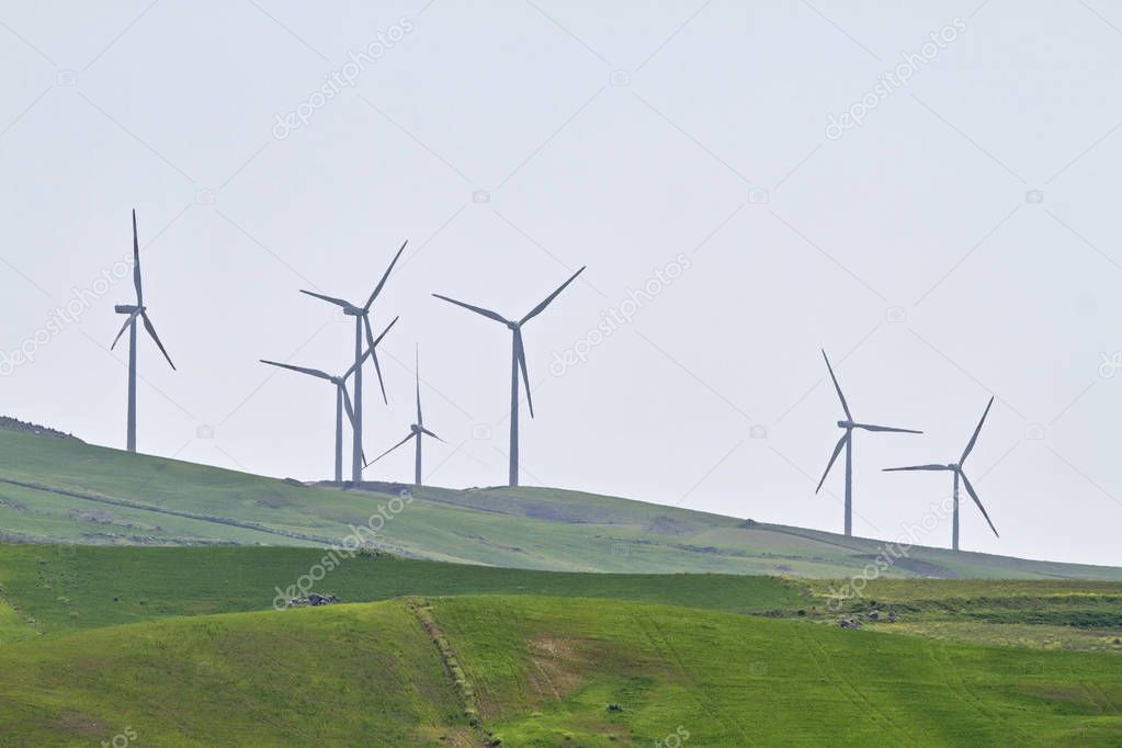 ITALY, Sicily, Catania province, countryside, aeolian energy turbines