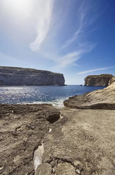 Malta Island Gozo View Sailing Boats Dweira Lagoon Rocky Coastline — Stock Photo, Image