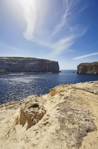 Malta Island Gozo View Sailing Boats Dweira Lagoon Rocky Coastline — Stock Photo, Image