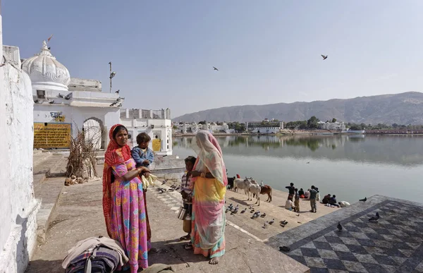 Índia Rajastão Pushkar Janeiro 2007 Pessoas Vacas Pombos Junto Lago — Fotografia de Stock