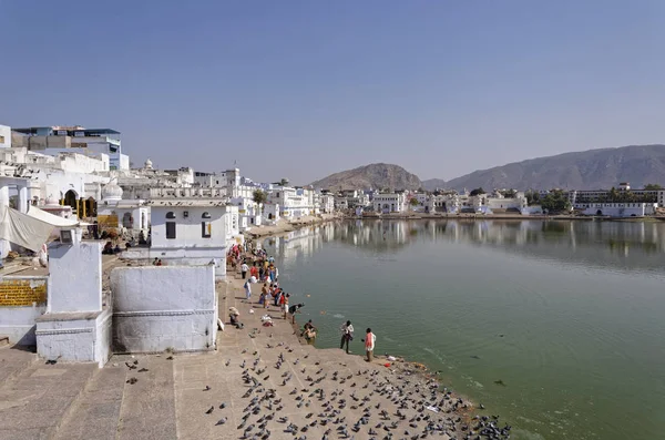 Índia Rajastão Pushkar Janeiro 2007 Pessoas Pombos Junto Lago Sagrado — Fotografia de Stock