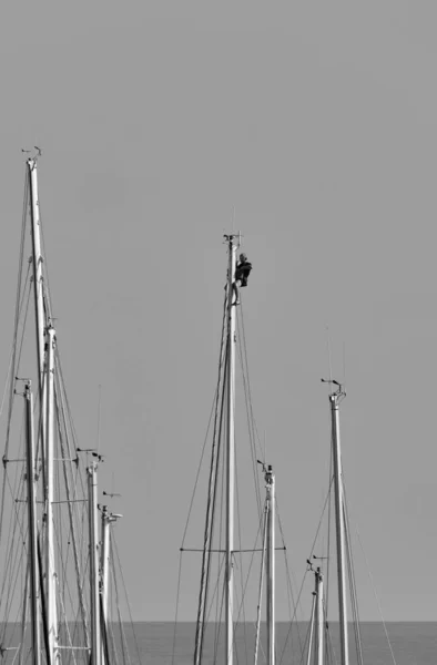 意大利 西西里 地中海 马里娜 拉古萨 2019年10月31日 在帆船桅杆上工作的人 — 图库照片