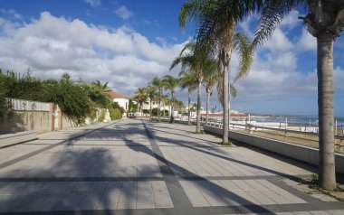 İtalya, Sicilya, Akdeniz, Marina di Ragusa (Ragusa Eyaleti), palmiye ağaçlı deniz manzarası