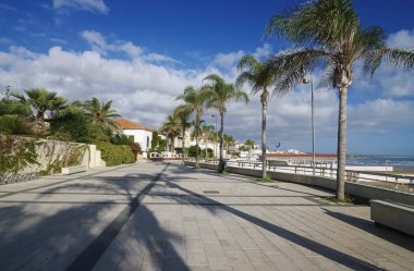 İtalya, Sicilya, Akdeniz, Marina di Ragusa (Ragusa Eyaleti), palmiye ağaçlı deniz manzarası