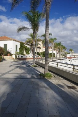 İtalya, Sicilya, Akdeniz, Marina di Ragusa (Ragusa Eyaleti), palmiye ağaçlı deniz manzarası