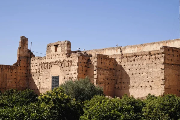 Marrocos Marraquexe Palácio Badii Cegonhas Nas Muralhas Palácio — Fotografia de Stock