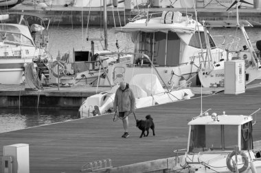 İtalya, Sicilya, Akdeniz, Marina di Ragusa (Ragusa Eyaleti); 10 Aralık 2019, limanda köpek ve lüks yatları olan bir adam - Editör