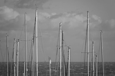 İtalya, Sicilya, Akdeniz, Marina di Ragusa (Ragusa Eyaleti), limanda yelkenli gemi direkleri