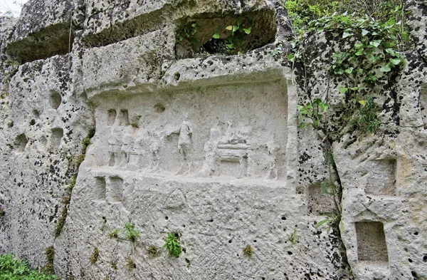 Itália Sicília Palazzolo Acreide Província Siracusa Ruínas Anfiteatro Grego Escultura — Fotografia de Stock