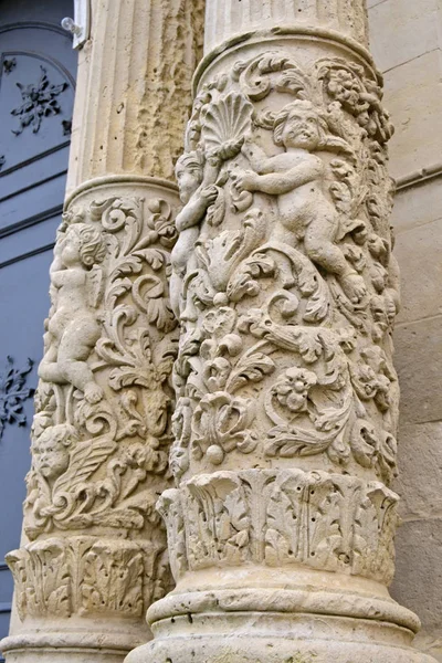 Italien Sizilien Palazzolo Acreide Provinz Syrakus Religiöse Ornamente Den Säulen — Stockfoto