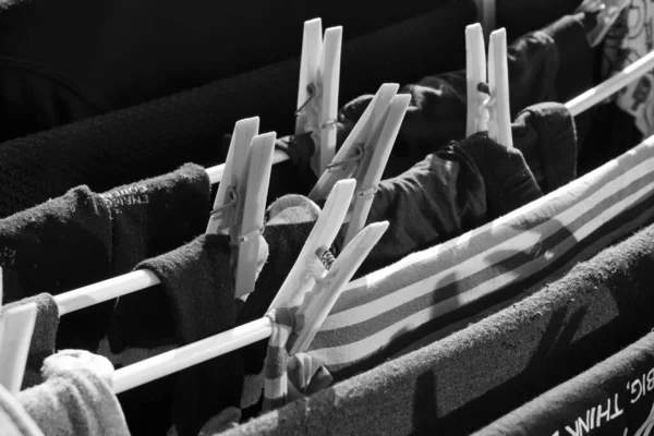 Roupas Lavadas Rack Secagem — Fotografia de Stock