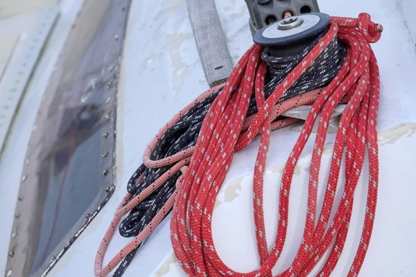 Italy, Sicily, Mediterranean Sea, Marina di Ragusa (Ragusa Province); 13 February 2020, winch and nautical ropes on a sailing boat in the port - EDITORIAL