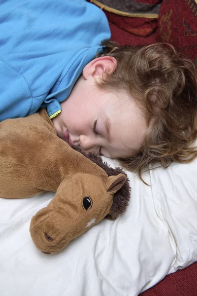 Niño Varón Años Durmiendo Con Caballo Juguete Preferido —  Fotos de Stock