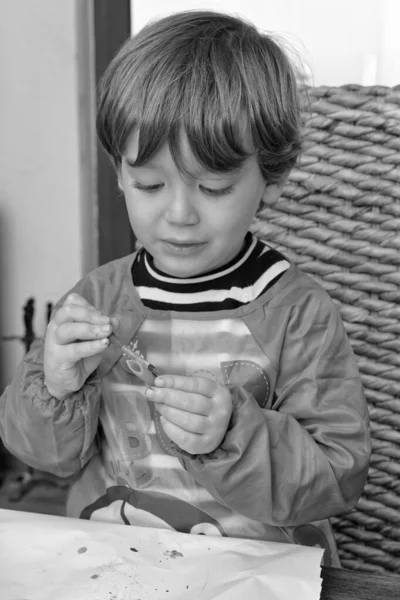 Enfant Mâle Ans Peignant Des Pâtes — Photo