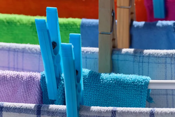 Washed clothes on a drying rack