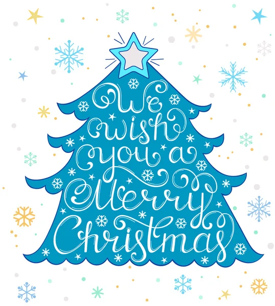 Biglietto natalizio con albero e fiocchi di neve — Vettoriale Stock