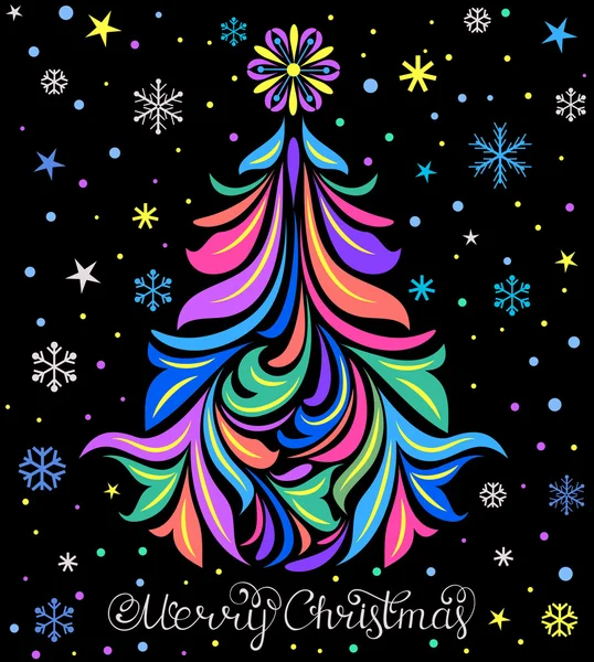 Julkort med träd och snöflingor — Stock vektor