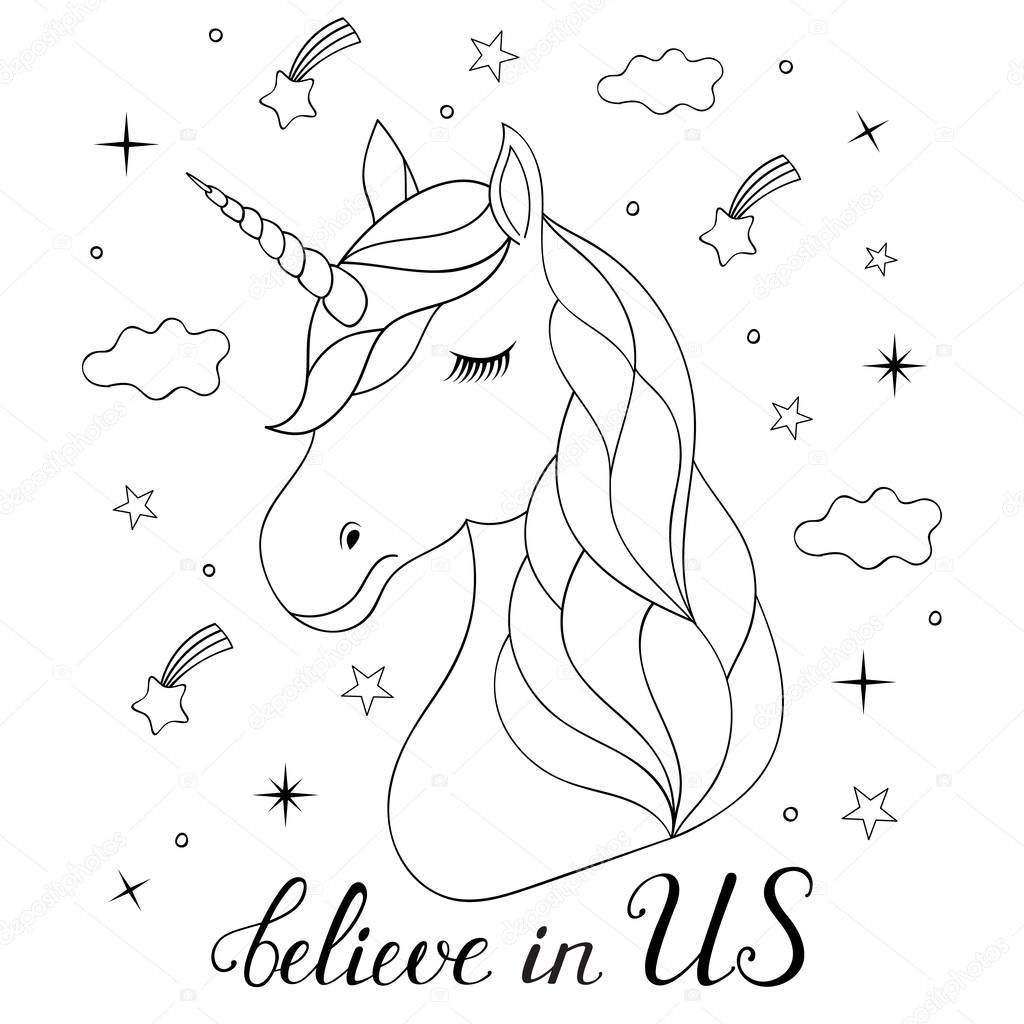 Cabeza de unicornio dibujado mano — Vector de stock © kiyanochka #168750686