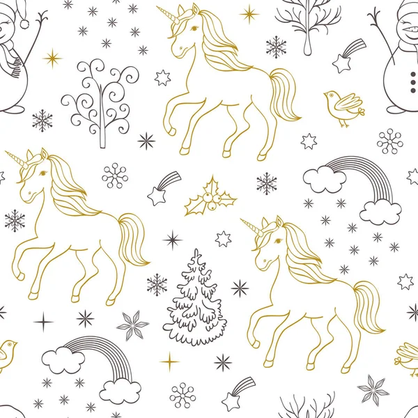 Patrón con unicornios, árboles, aves, muñecos de nieve — Vector de stock