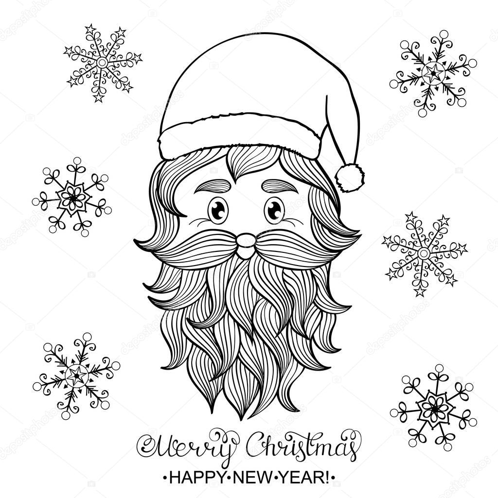 Hand drawn head of Santa Claus on white background.Coloring page for children and adult. Vector illustration.