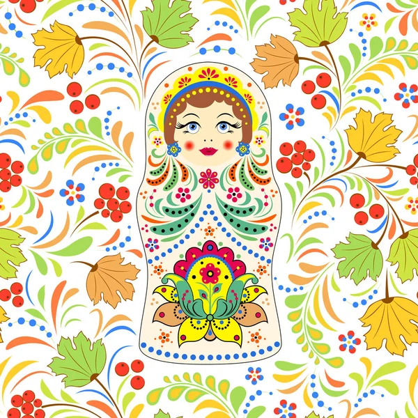 Ruská panenka matrjoška a abstraktní květy — Stockový vektor
