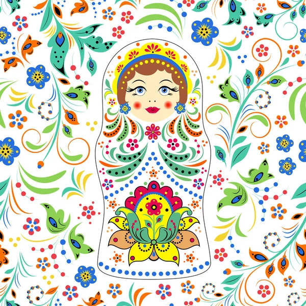 Boneca russa matryoshka e flores abstratas — Vetor de Stock