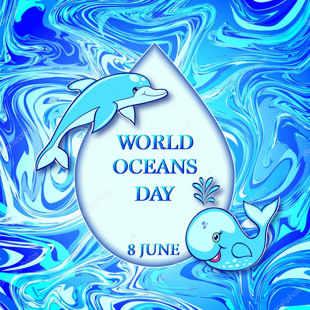 Blue water drop witn wale and dolphin.World ocean day.Vector illustration.